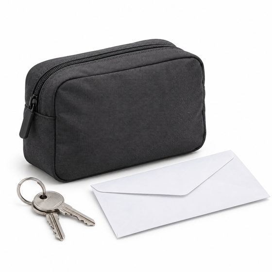 Kleine Tasche, Schlüssel und Briefumschlag als Beispiele für Kleingepäck