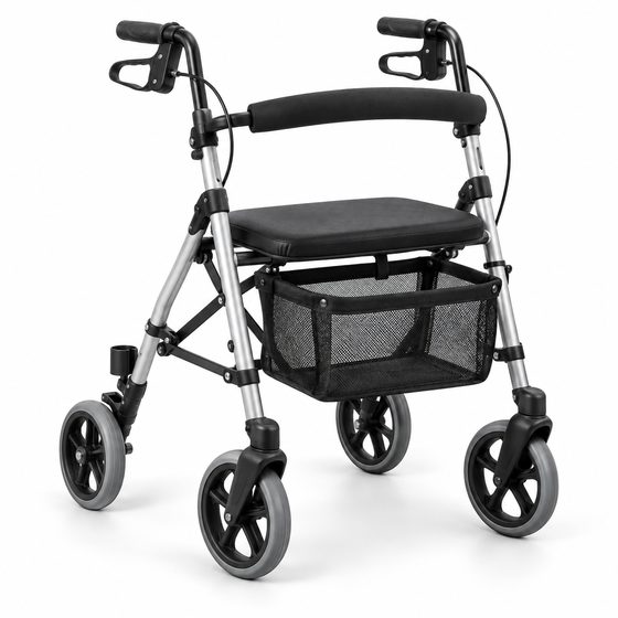 Rollator mit vier Rädern, Sitzfläche und Tasche