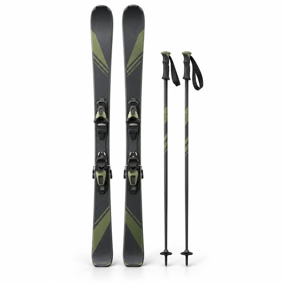 Ein Paar Skier mit Skistöcken für den Skiversand