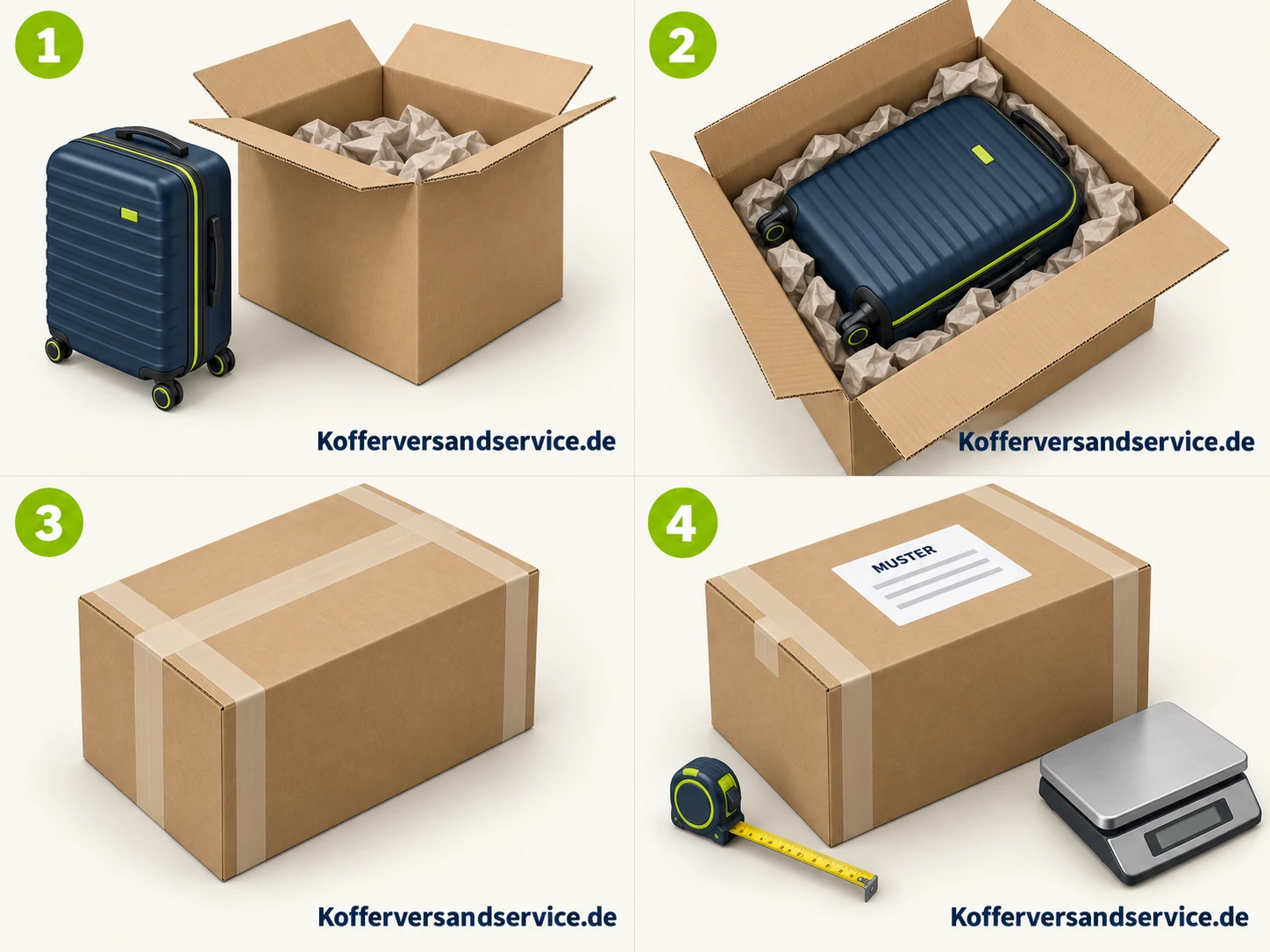 Stabiler Versandkarton, Koffer und Polstermaterial als freiwillige zusätzliche Verpackung.